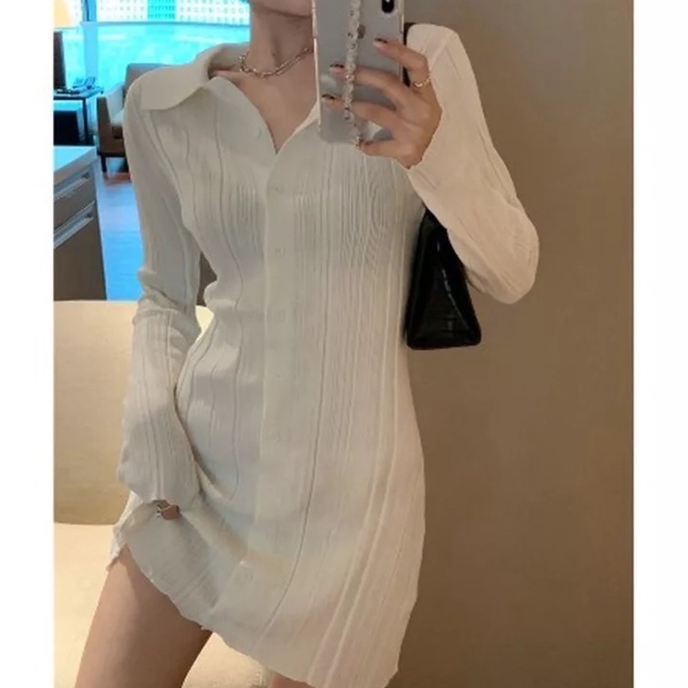 Cardigan sweater dress collar button cream white long top - Picture 3 of 4